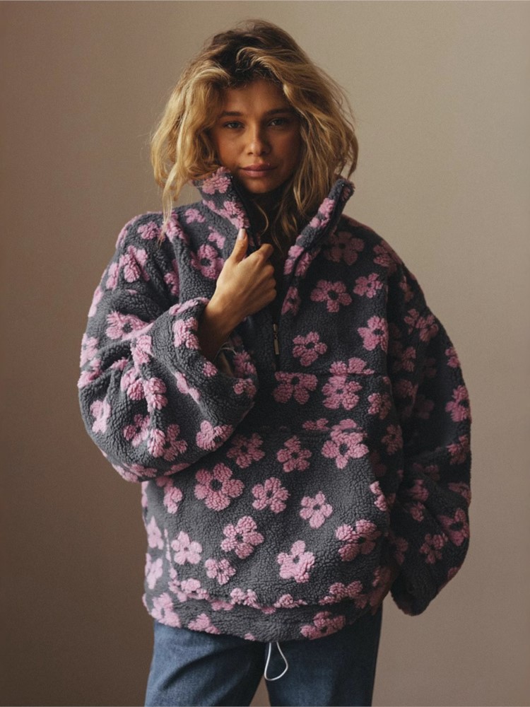 Plant Parent Hoodie - ジッパーハーフオープンカラーパーカー女性のための秋のファッションフラワープリントぬいぐるみスウェットシャツ冬の女性のカラーマッチング暖かいプルオーバー