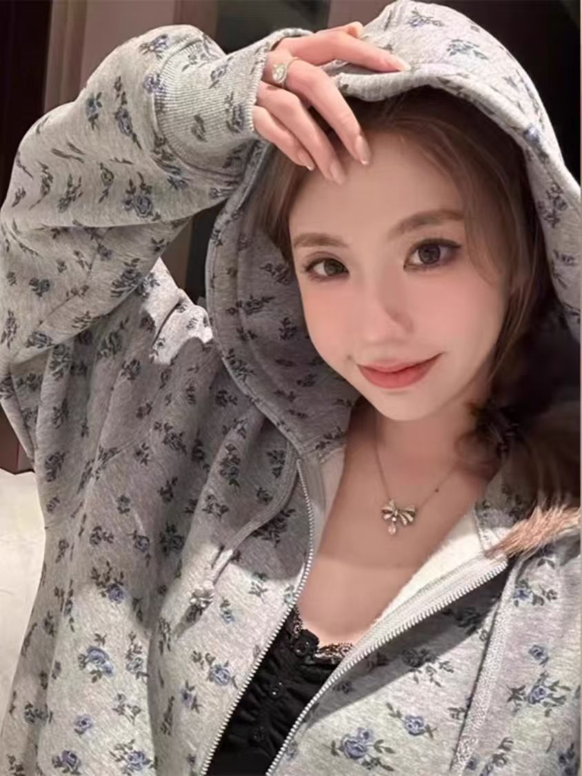 Plant Parent Hoodie - 女性の韓国の甘い大学のスウェットシャツ、かわいいピンクの花のフルプリントパーカー、ジッパージャケット、ゆったりとした特大のトップス、長袖、秋