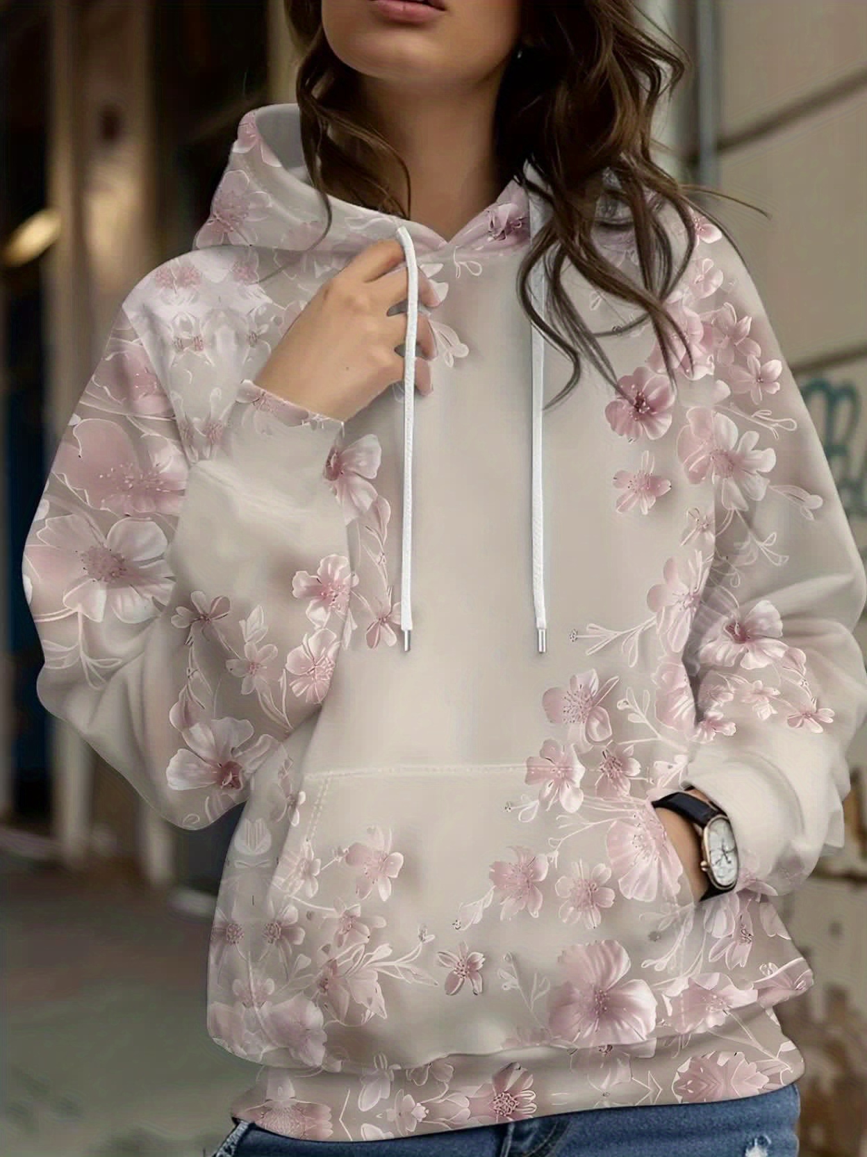 Plant Parent Hoodie - カジュアルフレンチフラワーフーディトップ女性秋春 Y2K パーカー花柄フーディルーズ薄型ポロネックコート特大トップ新